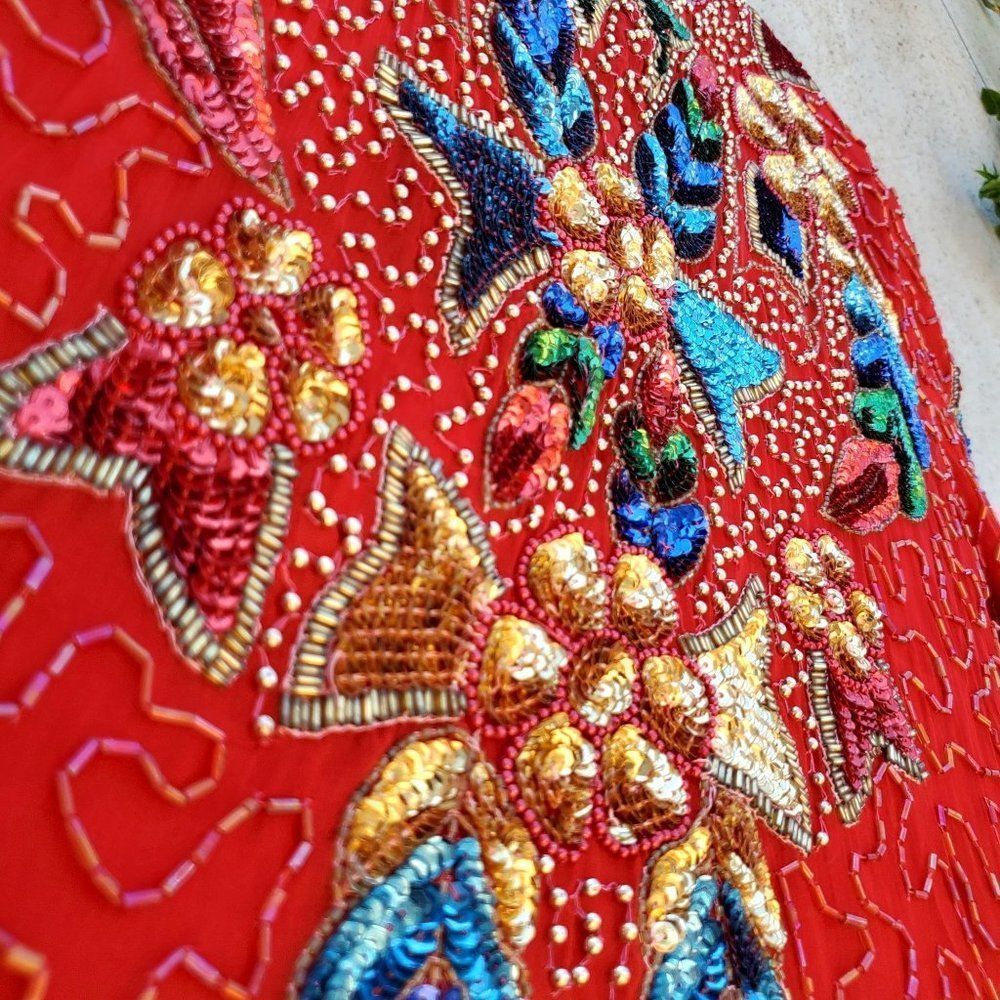 80s Cocktail Dress Short Formal Womens M Red Silk Beaded Embellished Jewel Queen - Picture 10 of 16